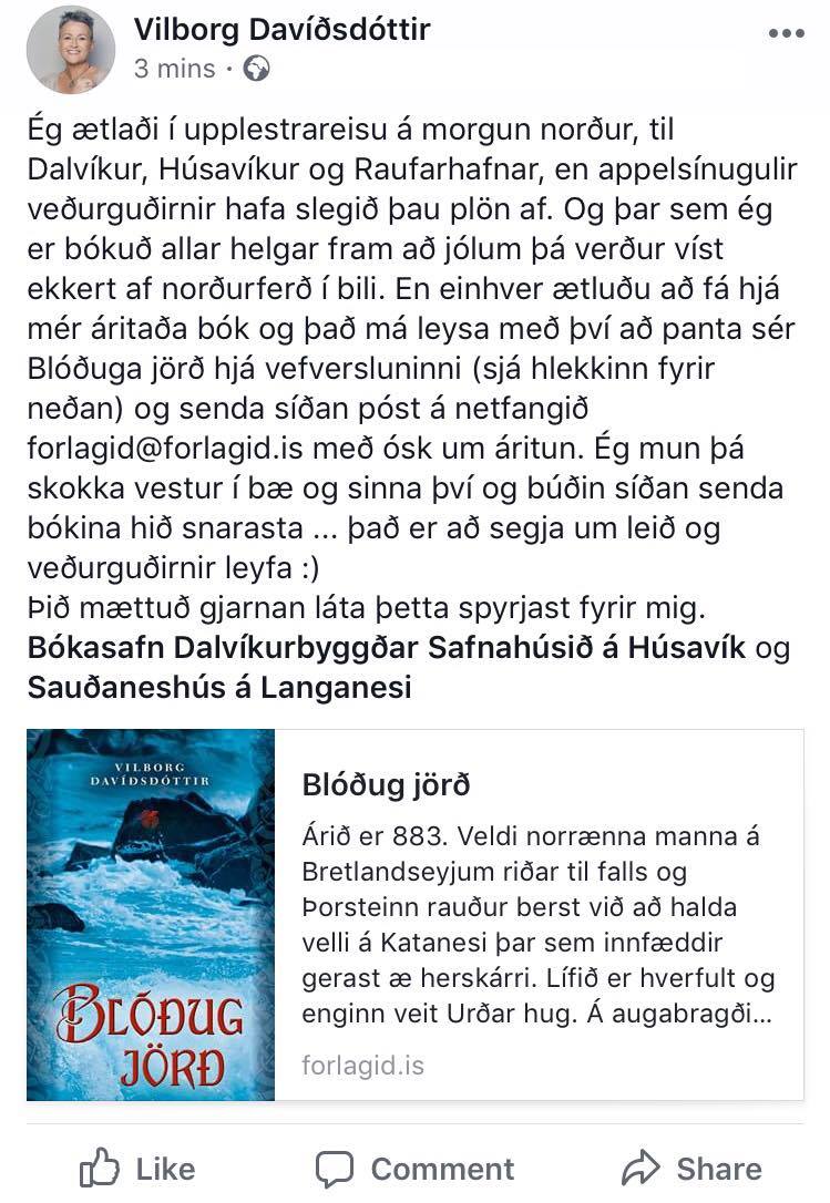 Orðsending frá Vilborgu á facebook 