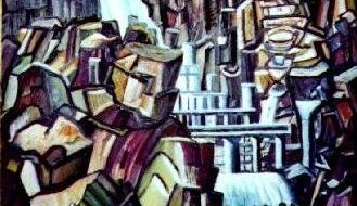 OO3  - Beislið – Olía á masónít
1968- Landslagsmynd með kúbískri myndbyggingu. Fossinn beislaður (tilbúið landslag)