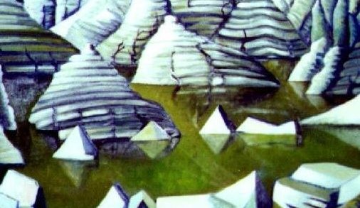 O11 – Jökull – Olía á masónít
1972 – Landslagsmynd undir súrrealískum áhrifum frá Dalí ( græni liturinn) og kúbísk form í forgrunni myndarinnar.