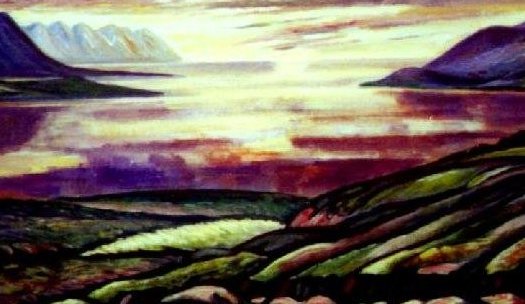 O12 – Útsýn af Vaðlaheiði í norður – Olía á masónít
1970 – Landslagsmynd undir áhrifum Rómantíkarinnar. Klassísk myndbygging.