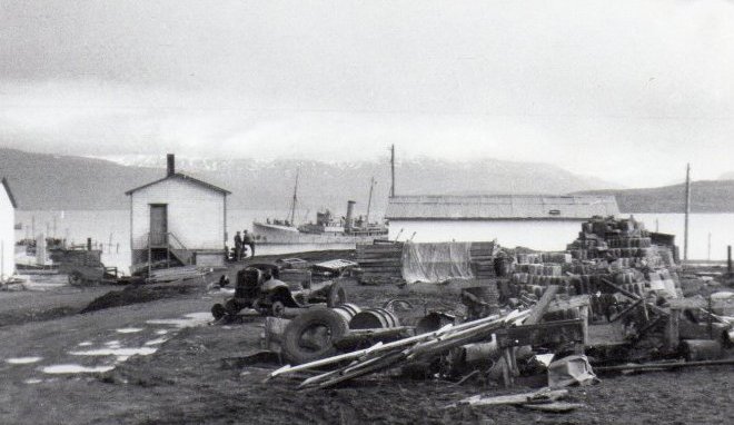 Yfirlitsmynd þar sem sést í Höfnershús, rjómabúðina og sláturhúsið á höfninni.