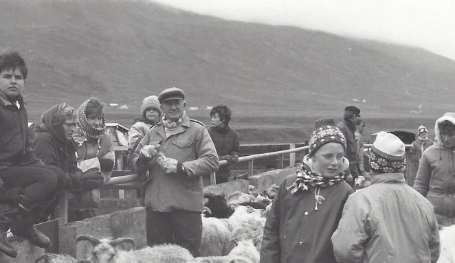 Réttað í Tungurétt 1987.  Frá v. Steinunn Gunnarsdóttir frá Brekku, ?, ?, Gunnar Jónsson bóndi í Brekku í Svarfaðardal.
