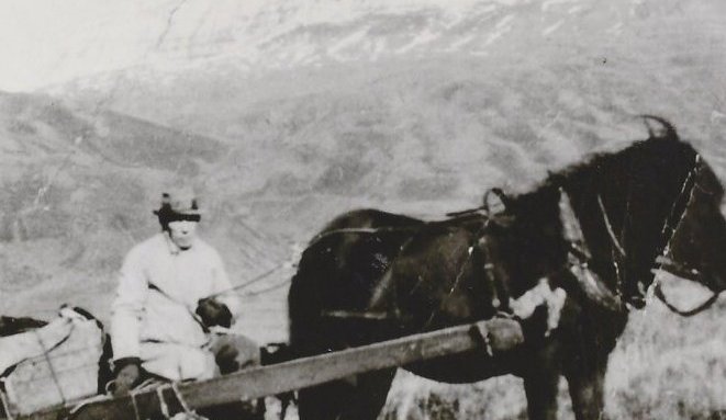 Jóhannes Stefánsson á Sandá á vagninum. Myndin er tekin við Sandá  1930 – 1940.