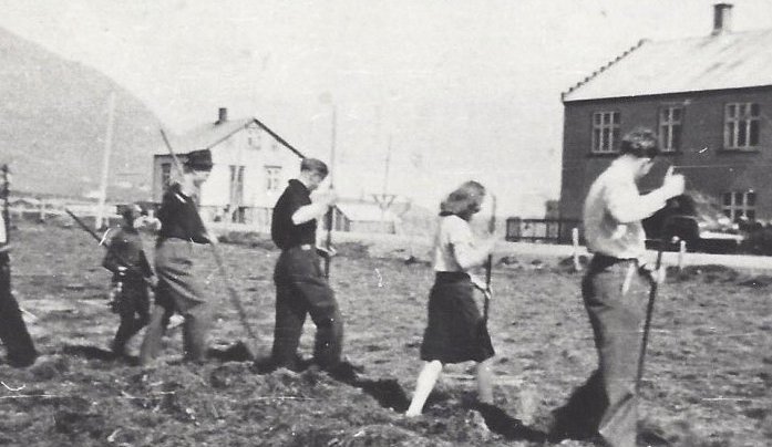 Heyi snúið á Sunnuhvolstúni á Dalvík. Frá v. Júlíus Björnsson á Sunnuhvoli, Hrönn Björnsdóttir í Garði, Hjálmar Júlíusson í Sunnuhvoli, Axel Kristinsson frá Miðkoti, Ragnheiður Júlíusdóttir og Baldur Júlíusson frá Sunnuhvoli. Myndin er tekin 1940 - 1950