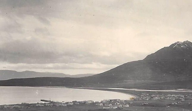Myndin er tekin úr Upsafjallinu yfir Dalvík 1950 - 1960