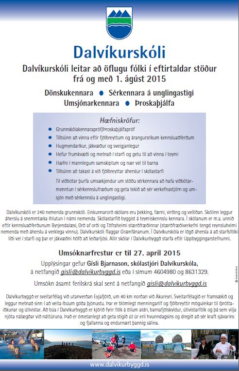 Dalvíkurskóli auglýsir eftir kennurum og þroskaþjálfa