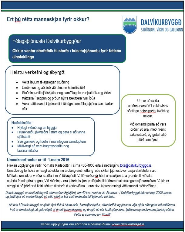 Félagsþjónustan auglýsir eftir starfsfólki til starfa í búsetuþjónustu fyrir fatlaða