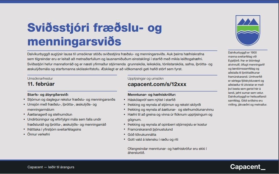 Dalvíkurbyggð auglýsir lausa til umsóknar stöðu sviðsstjóra fræðslu- og menningarsviðs. Umsóknarfres…