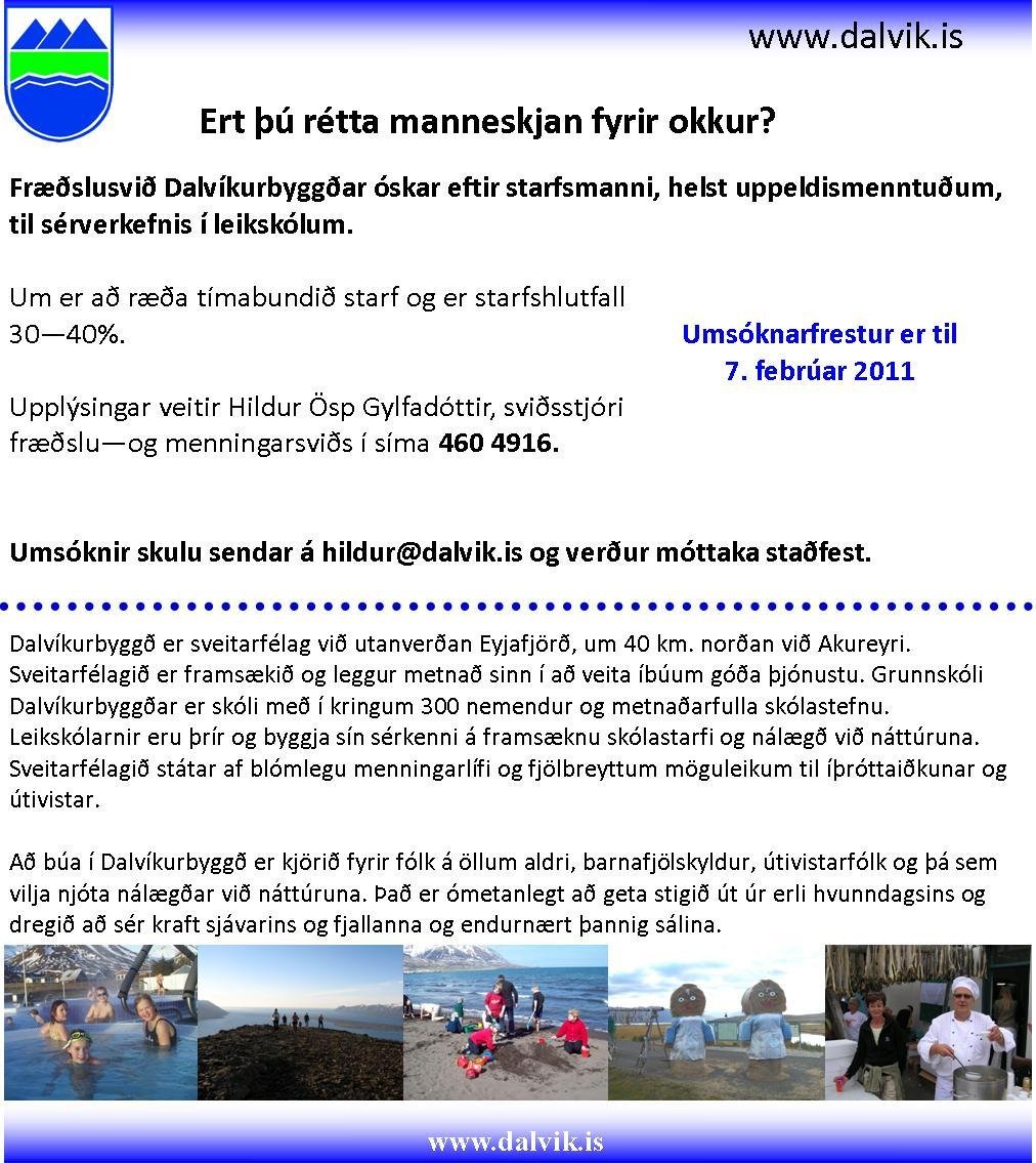 Starfsmaður óskast á fræðslusviði Dalvíkurbyggðar