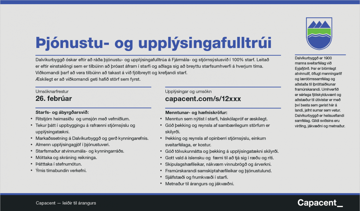 Dalvíkurbyggð auglýsir lausa til umsóknar stöðu þjónustu- og upplýsingafulltrúa