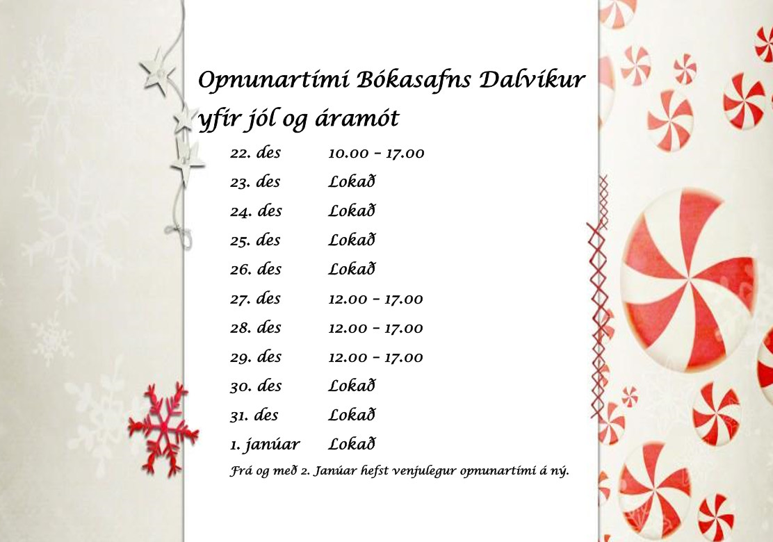 Opnunartími Bókasafns Dalvíkur yfir jólahátíðina