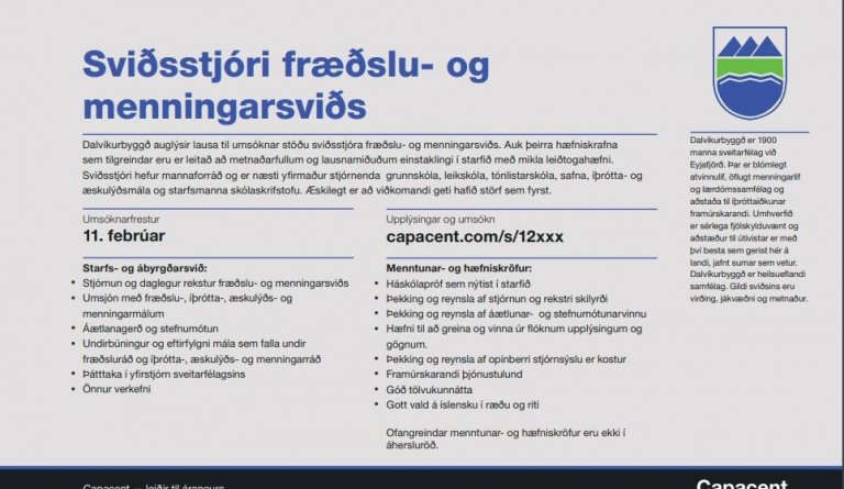 Dalvíkurbyggð auglýsir lausa til umsóknar stöðu sviðsstjóra fræðslu- og menningarsviðs. Umsóknarfres…