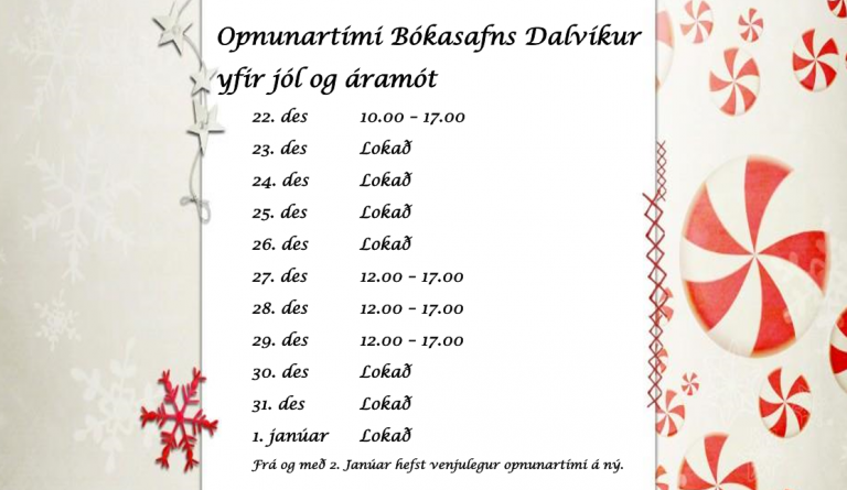 Opnunartími Bókasafns Dalvíkur yfir jólahátíðina