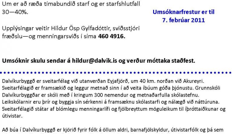 Starfsmaður óskast á fræðslusviði Dalvíkurbyggðar
